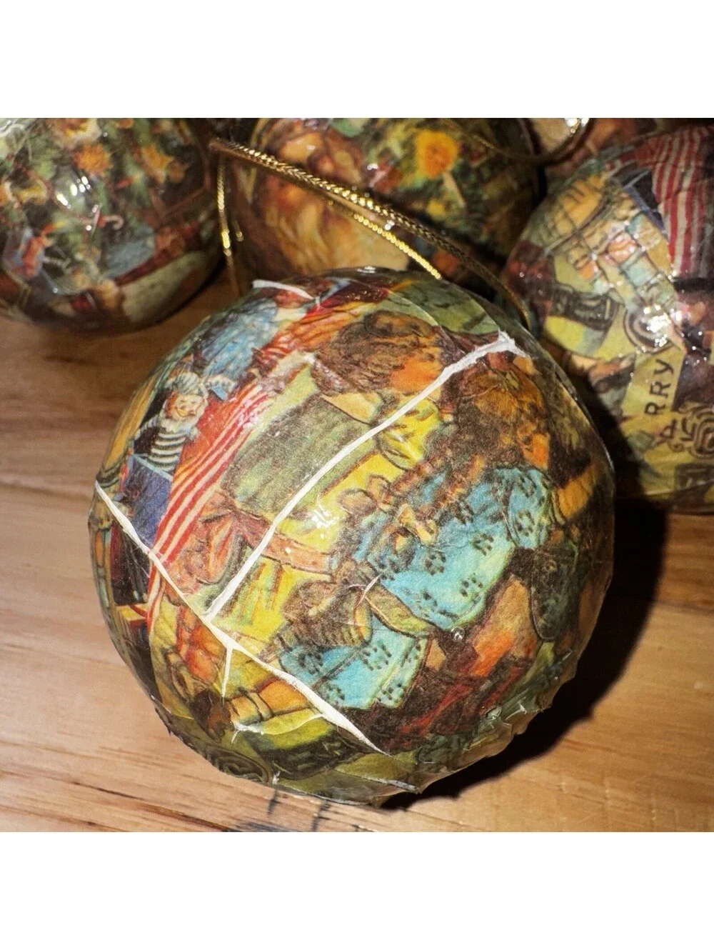 6 Vintage Decoupage Christmas Ornaments Lot Santa Victorian Style 2.5”Balls